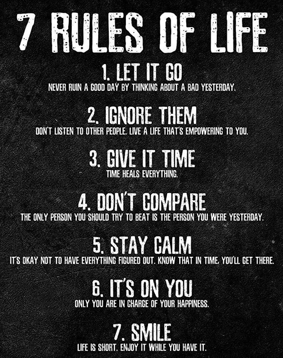 the seven rules of life poster on black paper with white writing and an image of a persons face