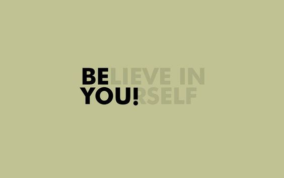 the words believe in yourself are black and white on a gray background with an orange border