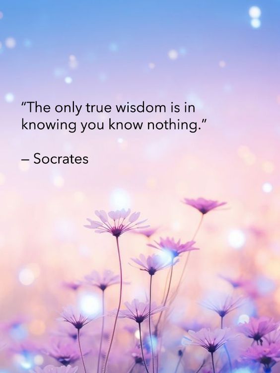 A philosophical quote by Socrates, 'The only true wisdom is in knowing you know nothing,' overlaid on a soft, bokeh background of purple and white flowers.