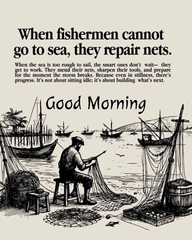 a man sitting on top of a chair next to fishing nets Good morning
