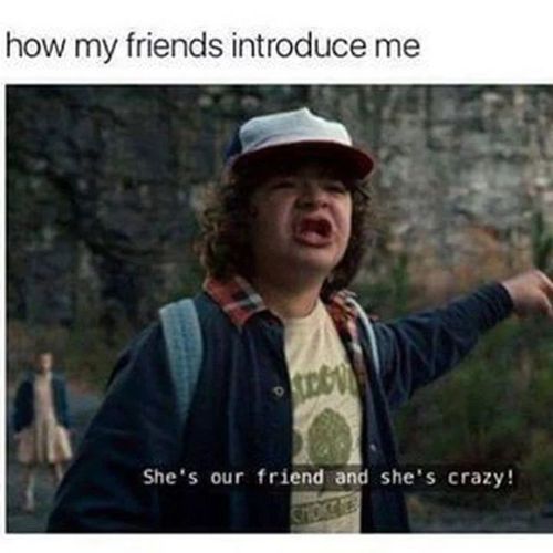 a kid with his mouth open and the caption that reads how my friends introduce me shes our friend and shes crazy