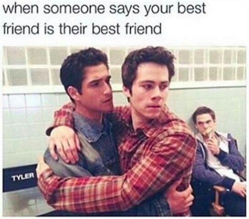 two young men hugging each other with the caption when someone says your best friend is their best friend