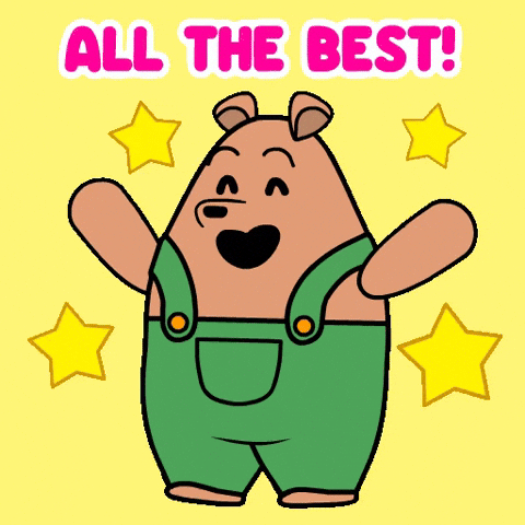 Animated GIF of a happy cartoon bear with stars and the text 'ALL THE BEST!'