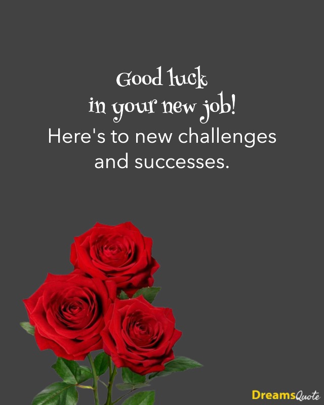 Good luck message for a new job with three red roses on a dark grey background.