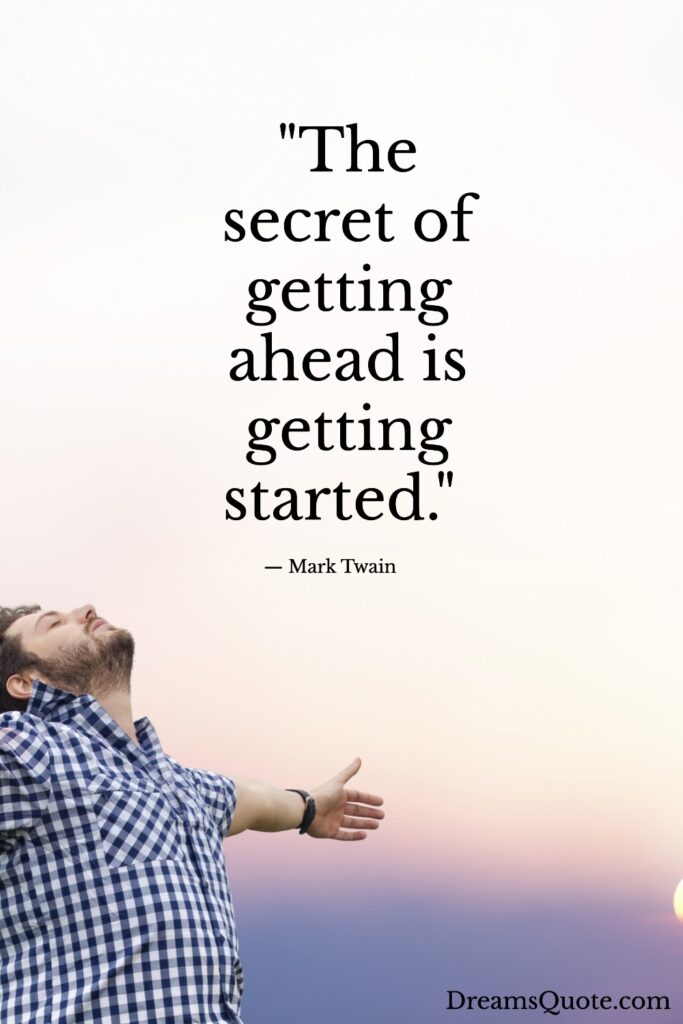Inspirational quote by Mark Twain about getting started and achieving success, featured in a guide on goal setting.