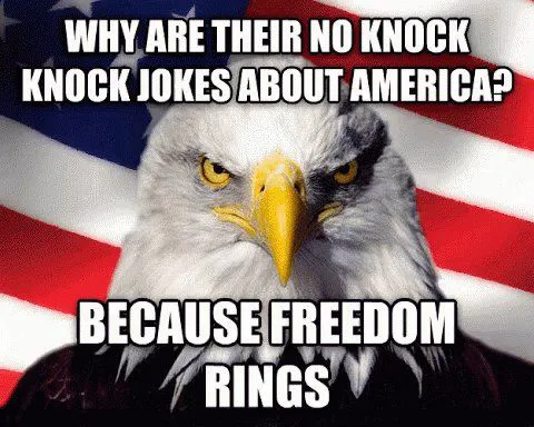 An intense-looking bald eagle stares straight ahead against a background of an American flag, which reads 'Why their any knock knock jokes about America? Because Freedom Rings'