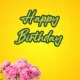 A cheerful birthday card featuring 'Happy Birthday' written in green cursive script on a vibrant yellow background with a bouquet of pink peonies. Happy Birthday Pink Peonies Floral Greeting Card Happy Birthday Images for Women